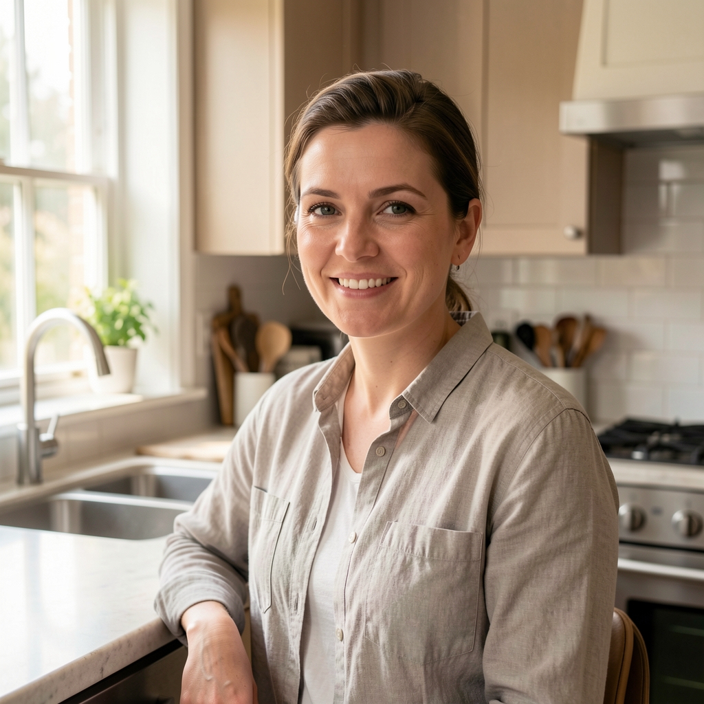 Phoebe Marsden, guest writer for Sornal Quarterly, photographed in a softly lit kitchen setting with natural morning light