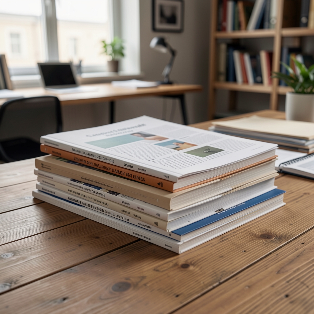 Stack of notebooks and printed reference materials on a wooden table in a calm editorial workspace, studio lighting