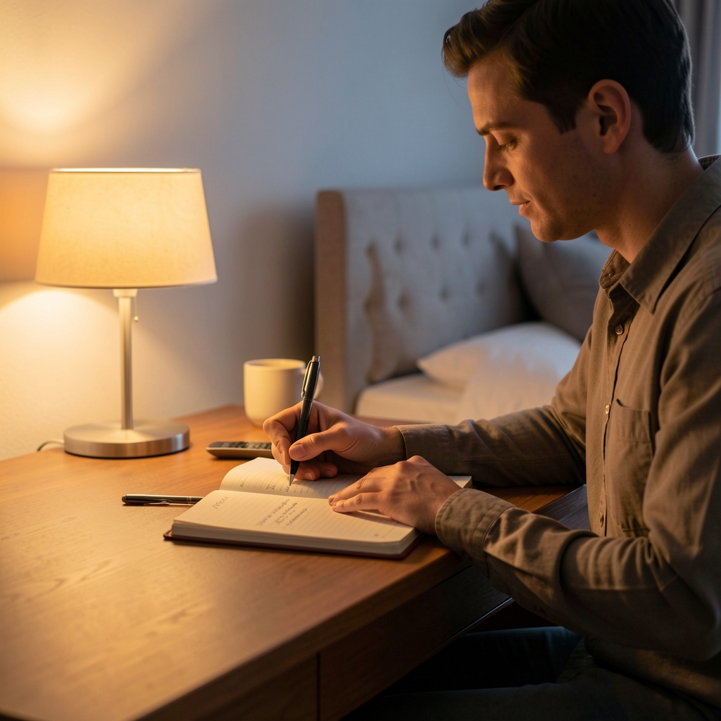 Person writing in a training journal at a desk lit by warm bedside lamp, early evening atmosphere