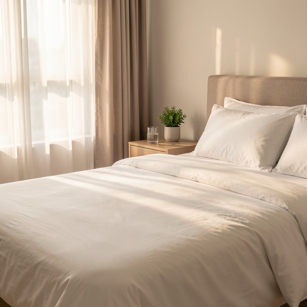 Morning light filtering through curtains onto a neatly made bed, a bedside table with a glass of water and small plant