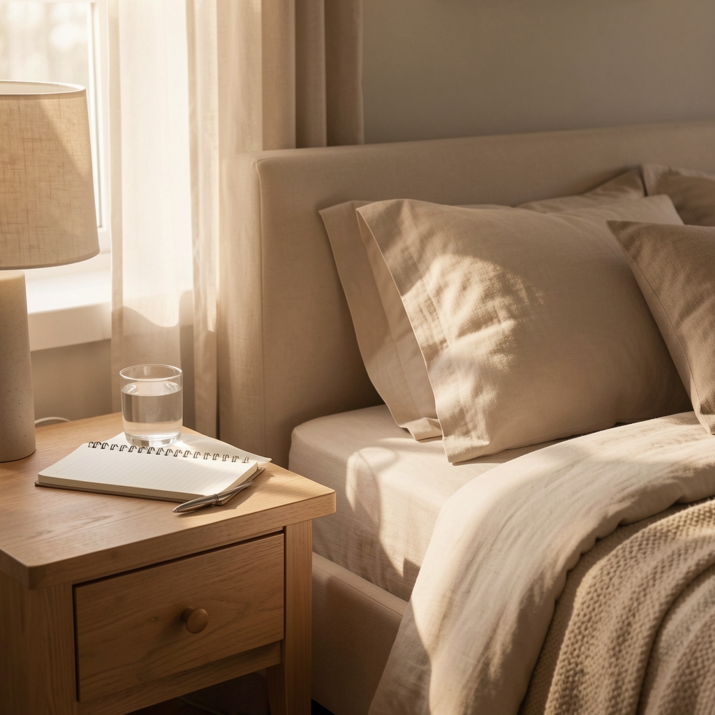 Quiet bedroom in soft morning light, a notebook and glass of water on the bedside table, warm neutral tones