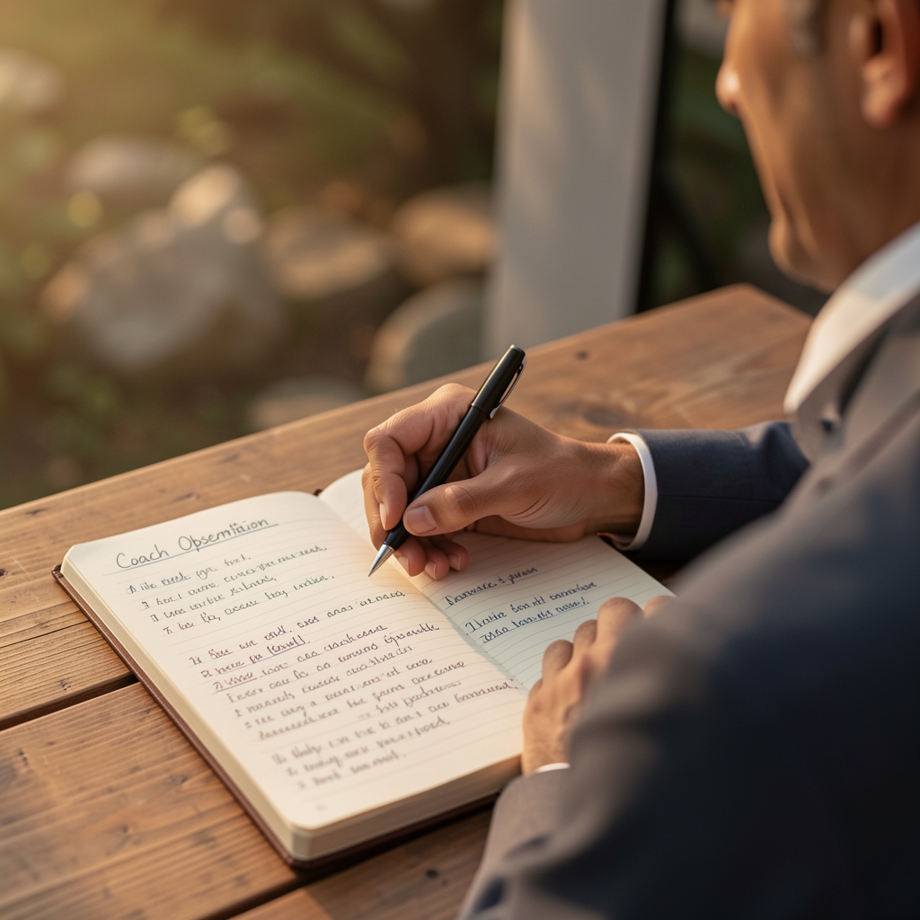 Close-up of an open notebook with handwritten coach observation notes on a wooden desk, warm studio lighting