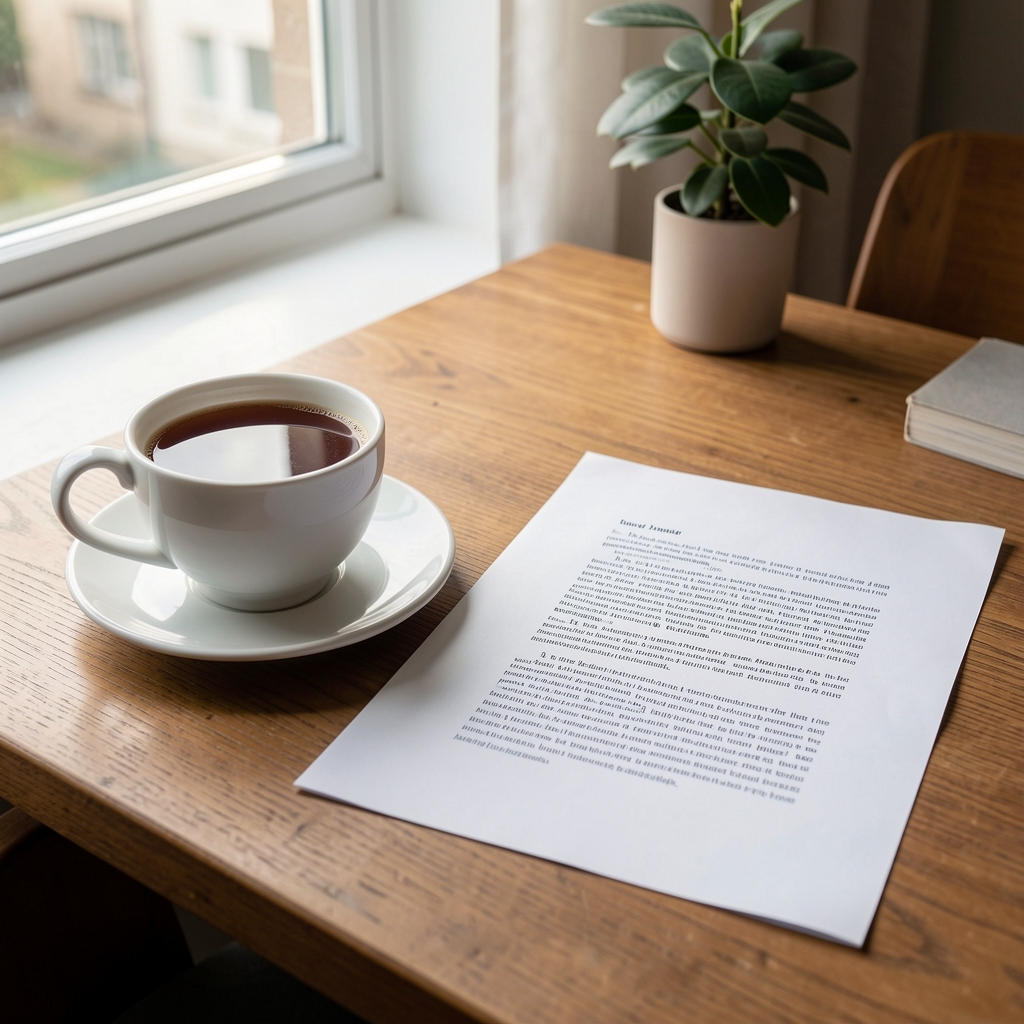 Morning tea on a desk beside a printed article draft, natural window light, calm editorial atmosphere