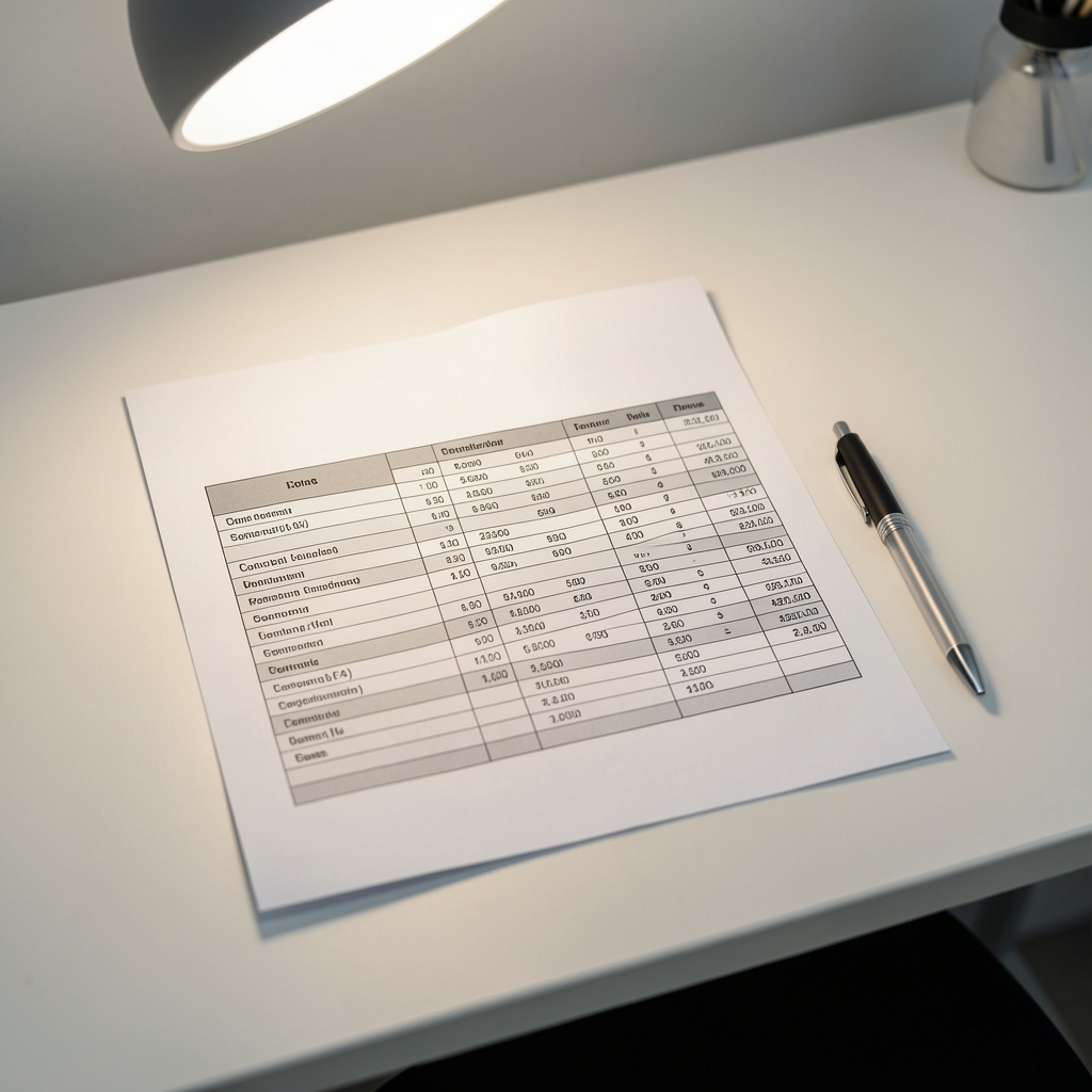 Printed data table and pen on a minimalist desk surface, overhead studio lighting, editorial quality-control environment